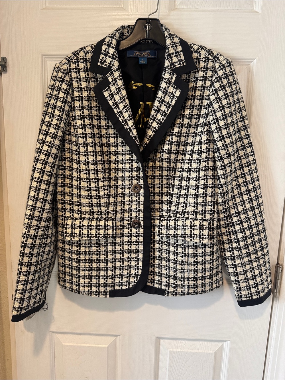 Millard Fillmore Black and White Tweed Blazer with Contrast Trim